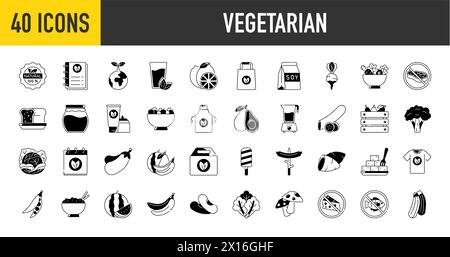 Vegetarisch, Gemüse, Gemüse - minimales Web-Symbol-Set. Enthält die einfachen Vektorsymbole wie Tomate, Gurke, Kohlrabi, Blumenkohl, Pattypan Kürbis. Stock Vektor
