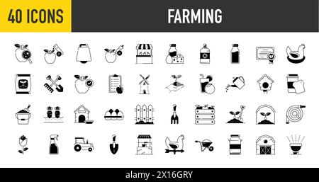 Farm, Farming, Agriculture – Web-Symbolsatz. Enthält Symbole wie Greenhouse, Haystack, Harvest und mehr. Sammlung von Symbolen. Einfache Vektordarstellung Stock Vektor