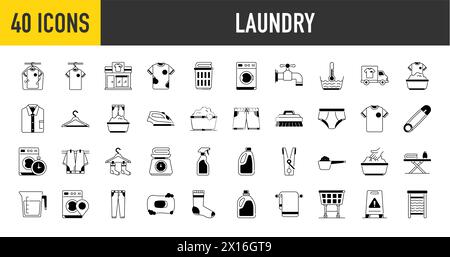 Vektorsatz von Wäschesymbolen mit Handwäsche, Kleid, Bügeleisen, Waschpulver für Website und App Stock Vektor