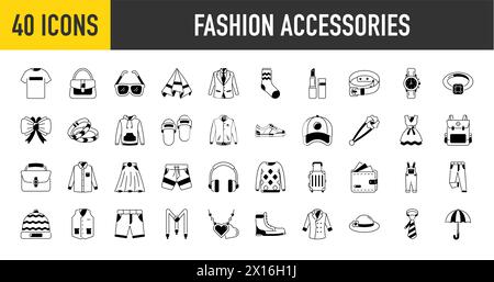 Symbole Für Mode-Accessoires. Vektor-Illustration enthält Symbol wie Schuhe, High Heels Schuhe, Schleife, Rucksack, Strickkleidung und andere Kleidung flach Stock Vektor