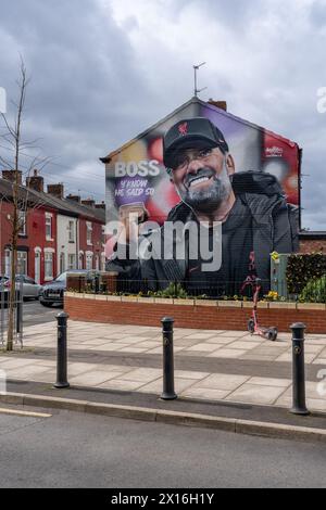 Jurgen Klopp Wandgemälde in der Nähe des Anfield Stadium, Liverpool Stockfoto