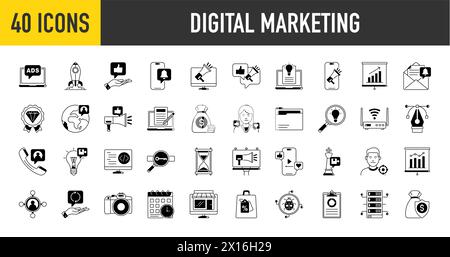 Symbolsatz für digitales Marketing. Enthält seo, Inhalte, Websites, soziale Medien, Vertrieb und Online-Werbung. Sammlung von Volumenvektorsymbolen. Stock Vektor