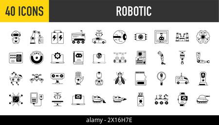 Robotersymbole. Symbolset mit maschinellem Lernen, Gehirn, KI, Kopf, Maschine, Technologie, KI und mehr. Stock Vektor