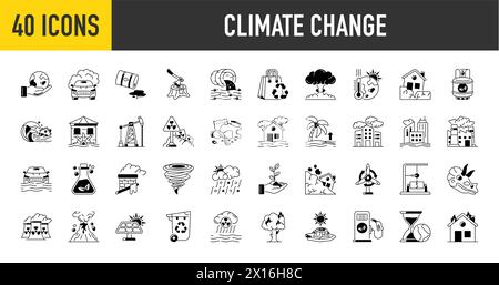 Symbolgruppe Klimawandel. Mit den Symbolen für globale Erwärmung, Gewächshaus, schmelzendes Eis, Erdverschmutzung und Katastrophen. Ausgefüllte Symbolgruppe. Stock Vektor