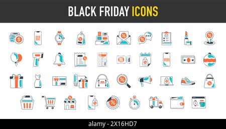 Black friday Sale Symbole Set. Shopping und E-Commerce, Einkaufswagen, Rabatt, Geschenk, Feiertagsverkauf, Illustration des Vektorsymbols für Brieftasche, Geschäft und mehr. Stock Vektor