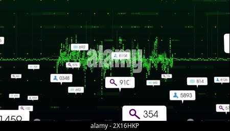 Bild von Social-Media-Symbolen, die über der Datenverarbeitung vor schwarzem Hintergrund schweben Stockfoto