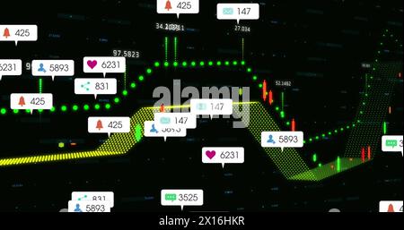 Bild von Social-Media-Symbolen, die vor schwarzem Hintergrund über der Verarbeitung von Finanzdaten schweben Stockfoto