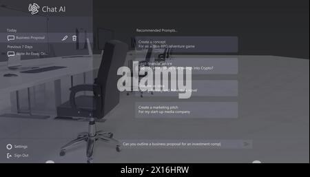 Chat-AI-Logo und Konversationstext über Schreibtischen und Stühlen in leerem Geschäftsbüro Stockfoto