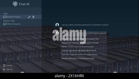 Chat-AI-Logo und Konversationstext über Datenverarbeitung auf Computerservern Stockfoto