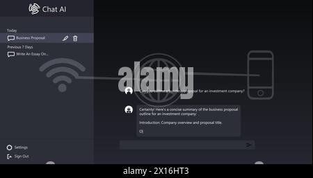 Chat-AI-Logo und Konversationstext über ein Netzwerk aus wi-fi-, Globus- und Smartphone-Symbolen Stockfoto