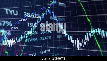 Abbildung von Diagrammen mit wechselnden Zahlen, Handelsplattformen und Symbolen auf schwarzem Hintergrund Stockfoto