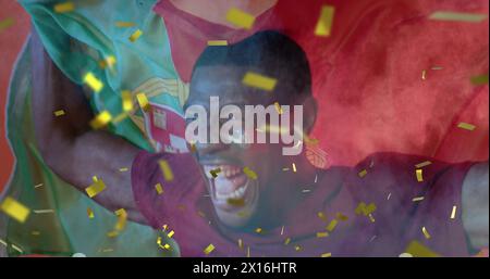 Bild von goldenem Konfetti über jubelnden afroamerikanischen Sportfans, die Flagge von portugal schwenken Stockfoto