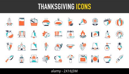 Set von Thanksgiving-Symbolen. Einfaches, solides Icon-Paket. Lustige Pilger, amerikanische Ureinwohner, truthahn, Tiere, Ernte, Cornucopia, Kürbisse, Bäume Vektor. Stock Vektor