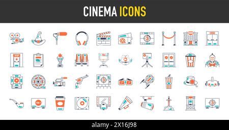 Einfacher Satz Kinovektor-Symbol. Enthält Symbole wie Kino, TV, Popcorn, Videoclip und vieles mehr. Stock Vektor