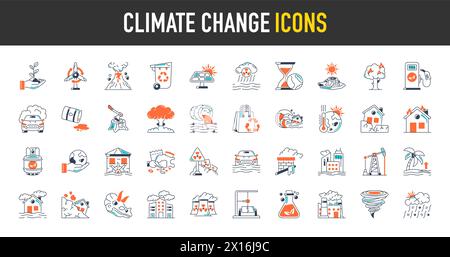 Symbolgruppe Klimawandel. Mit den Symbolen für globale Erwärmung, Gewächshaus, schmelzendes Eis, Erdverschmutzung und Katastrophen. Ausgefüllte Symbolgruppe. Stock Vektor