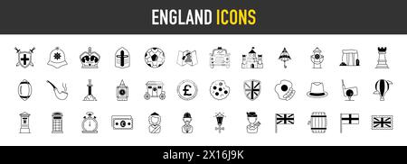 Symbolsatz England. Die Symbole wie British Pfund, United Kingdom, London Taxi, Queen, Fahne, und vieles mehr. Stock Vektor