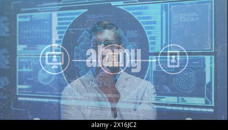 Bild des Netzwerkes von Ikonen über kaukasischen Wissenschaftlern Stockfoto