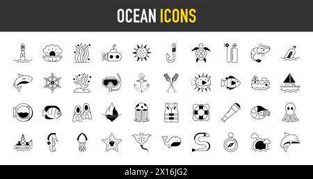 Meer und Meer-Symbol-Set. Outdoor-Aktivitäten und Meereslebekonzept. Vektorsammlung von ausgefüllten Symbolen. Stock Vektor