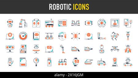 Robotersymbole. Symbolset mit maschinellem Lernen, Gehirn, KI, Kopf, Maschine, Technologie, KI und mehr. Stock Vektor