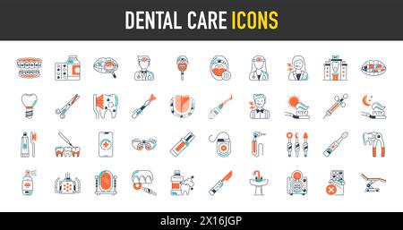 Icons Zahnpflege. Vektorabbildungen umfassen Symbol - Implantat, Zahnspange, Zahnarzt, Zahnschmerzen, Aligner, Veneers, Zahnpiktogramm für die stomatologische Klinik. Stock Vektor