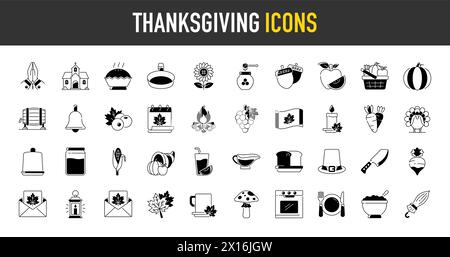 Set von Thanksgiving-Symbolen. Einfaches, solides Icon-Paket. Lustige Pilger, amerikanische Ureinwohner, truthahn, Tiere, Ernte, Cornucopia, Kürbisse, Bäume Vektor. Stock Vektor
