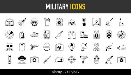 Set aus Krieg, Militär, Armee-Ikonen. Militärische Ausrüstung, Werkzeuge, Hilfsmittel und Geräte. Sammlung und Paket mit Symbolen. Stock Vektor