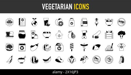 Vegetarisch, Gemüse, Gemüse - minimales Web-Symbol-Set. Enthält die einfachen Vektorsymbole wie Tomate, Gurke, Kohlrabi, Blumenkohl, Pattypan Kürbis. Stock Vektor