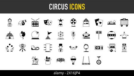 Circus Minimal Web-Symbolset. Darunter die Symbole Achterbahn, Karussell, Zirkus, Ferros Wheel und mehr. Sammlung von Symbolen. Einfacher Vektor. Stock Vektor