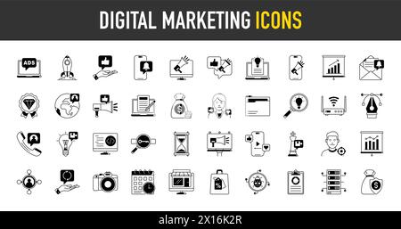 Symbolsatz für digitales Marketing. Enthält seo, Inhalte, Websites, soziale Medien, Vertrieb und Online-Werbung. Sammlung von Volumenvektorsymbolen. Stock Vektor