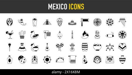 Mexiko Symbole Set, Designelement, flacher Stil. Sammlungsgegenstände für Cinco de Mayo Parade mit Pinata, Essen, Sambrero, Tequila, Kakteen, Flag. Vektor Stock Vektor