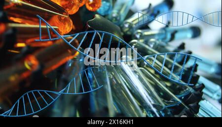 Mehrere dna-Strukturen, die sich gegen mehrere Reagenzgläser im Zentrifugenspinnen im Labor drehen Stockfoto