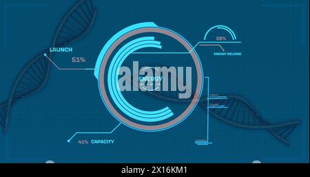 Datenverarbeitung über mehrere dna-Strukturen, die sich vor blauem Hintergrund drehen Stockfoto