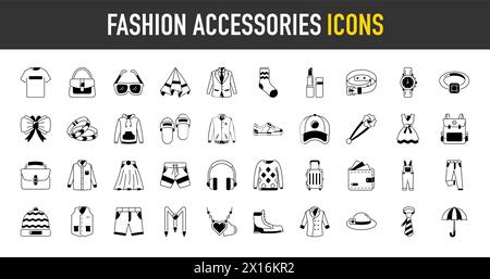 Symbole Für Mode-Accessoires. Vektor-Illustration enthält Symbol wie Schuhe, High Heels Schuhe, Schleife, Rucksack, Strickkleidung und andere Kleidung flach Stock Vektor
