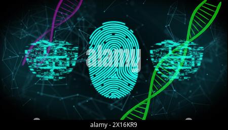 Symbole für biometrische Scanner und Sicherheitsvorhängeschlösser gegen dna-Strukturen und Netzwerk von Verbindungen Stockfoto