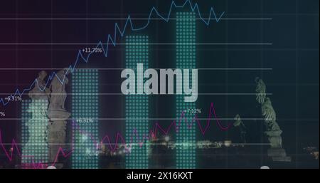 Bild von Finanzdiagrammen und Daten über nächtliche Stadtbilder Stockfoto