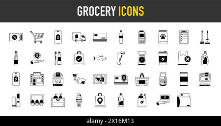 Lebensmittelsymbole. Bilder der Abteilungen des Lebensmittelgeschäfts, des Verkaufs, der geografischen Lieferung, des Einkaufskorbs, der Milch- und Fleischprodukte, des Brots, des Gemüses, des Obstes Stock Vektor
