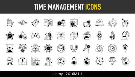 Symbolgruppe Zeitmanagement. Enthält Symbole wie Kalender, Kalender, Uhr, Überstunden, Planung und mehr. Stock Vektor