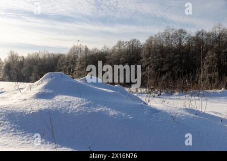 Schneetreiben nach Schneefall im Winter, frisch gefallener weißer kalter Schnee in der Natur Stockfoto