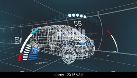 Bild des Tachometers über dem 3D-Modell eines Transporters, der sich vor blauem Hintergrund bewegt Stockfoto