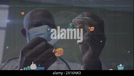 Bild von Social-Media-Texten mit Symbolen und Datenverarbeitung über afroamerikanischem Arzt Stockfoto