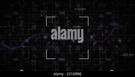 Bild von violetten Störungsstatistiken und Verarbeitung von Finanzdaten auf schwarzem Hintergrund Stockfoto