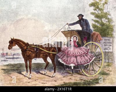 Ankunft am Wassertor, Cremorne, 1858. Cremorne Gardens waren beliebte Vergnügungsgärten am Ufer der Themse in Chelsea, London. Sie lagen zwischen Chelsea Harbour und dem Ende der King's Road und blühten zwischen 1845 und 1877. Stockfoto