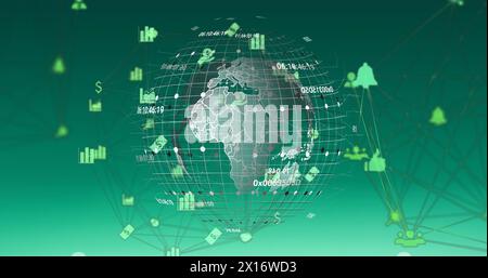 Bild eines Netzwerks digitaler Symbole über sich drehender Globus vor grünem Hintergrund Stockfoto