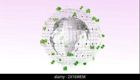 Bild eines Netzwerks digitaler Symbole über dem sich drehenden Globus vor grauem Hintergrund Stockfoto