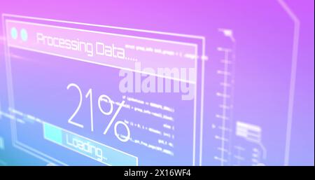 Bild der Schnittstelle mit Datenverarbeitung vor violettem Hintergrund Stockfoto