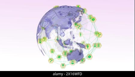Bild eines Netzwerks digitaler Symbole über dem sich drehenden Globus vor grauem Hintergrund Stockfoto