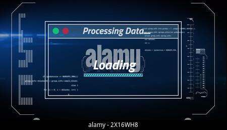 Bild der Schnittstelle mit Datenverarbeitung gegen Lichtfleck auf blauem Hintergrund Stockfoto