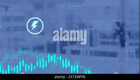 Abbildung mehrerer Symbole und Diagramme mit wechselnden Zahlen über Stuhl und Plantage im Büro Stockfoto