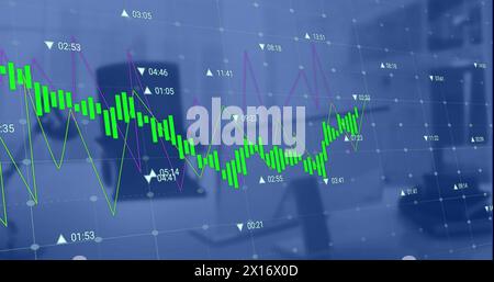 Abbildung von Diagrammen mit wechselnden Zahlen über unbelegtem Stuhl und Schreibtisch im Büro Stockfoto
