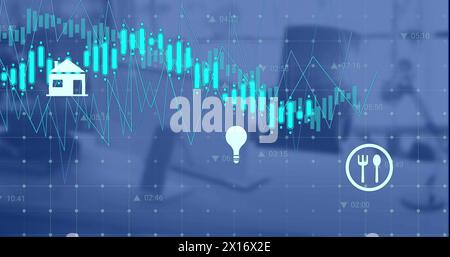 Abbildung mehrerer Symbole und Diagramme mit wechselnden Zahlen über unbelegtem Stuhl und Desktop Stockfoto